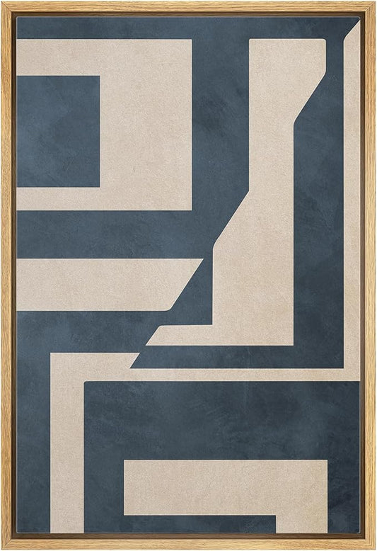 IDEA4WALL Framed Canvas Print Wall Art Blue & Tan Polygon Symbols Abstract Geometric Illustrations Modern Art Minimalism Shapes Multicolor Boho for Living Room, Bedroom, Office - 24"x36" Natural