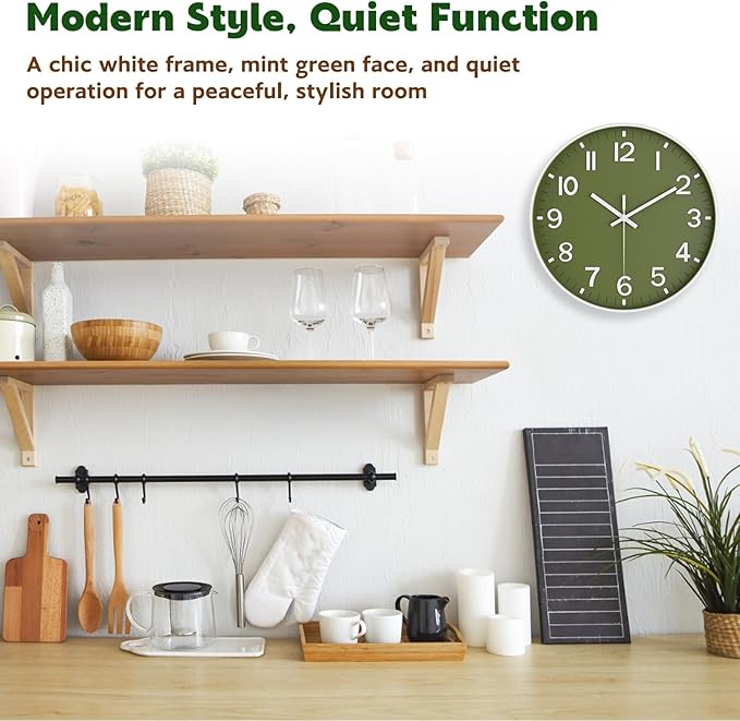 Silent Wall Clock Non-Ticking Battery Operated – Modern Olive Green Analog Wall Clock for Living Room, Kitchen, Office, Bedroom – Stylish Home Wall Decor Clock, 10 Inch