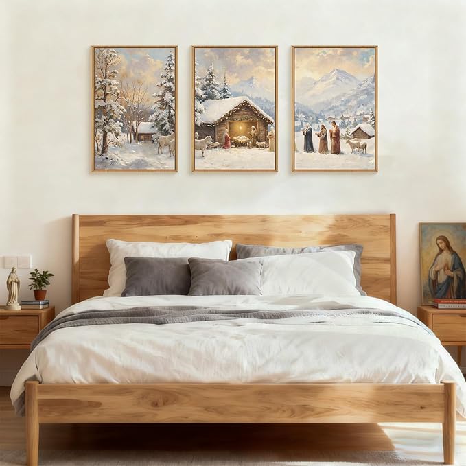 HOURIA Christian Easter Season Framed Canvas Wall Art Set,Religious Jesus Christ Biblical Wall Decor,Holy Family Star of Bethlehem Woodland Landscape Artwork for Church,Prayer Room,Home-16"x24"x3