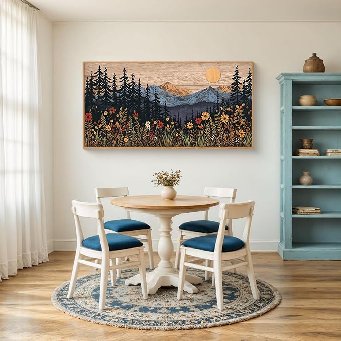 Houria Mid Century Woodland Mountain Framed Canvas Wall Art Set,Vintage Natural Sunset Wildflower Forest Field Decor,Wilderness Boho Floral Pine Tree Landscape Artwork for Living Room,Office-20"x40"x1