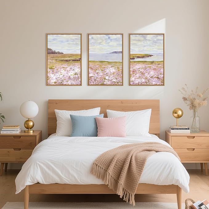 HOURIA Spring Watercolor Pink Floral Coastal Landscape Framed Canvas Wall Art Set,Nature Inspired Wildflower & Meadow Cottage Field Wall Decor,Modern Seaside Beach Artwork for Living Room,Farmhouse-24"x36"x3