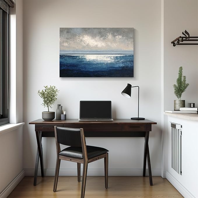 gaosoul Modern Blue Abstract Canvas Wall Art Hand Painted Oil Seascape Prints with Gradient Ocean Blues Misty Gray Sky Gallery Wrapped Wall Decor for Living Room Bedroom Office Framed 24x16in