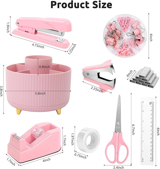 Office Accessories, 10Pcs, 360-Degree Rotating Pen Holder, Office Supplies Include Stapler, Tape, Tape Holder, Scissors, Ruler, Staple Remover, 1 Box of Staples, Paper Clips Kit for Office School