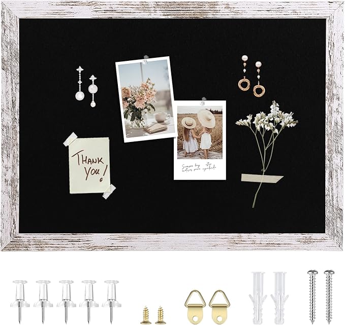 Black Felt Bulletin Board, 17x13 inches Decorative Hanging Bulletin Boards for Walls with Wood Frame, Pin Board Vision Board for Office Home Kitchen and School with Pins (4333,WH,1pc)