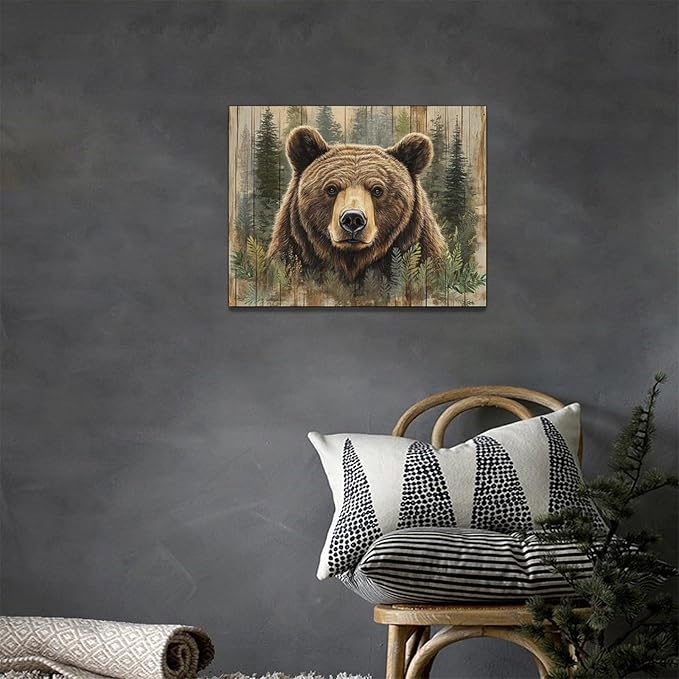 Farmhouse Bear Wall Art Rustic Forest Pictures Decor Woodland Wildlife Painting Canvas Print Modern Home Decoration Artwork for Living Room Bathroom Bedroom Office Framed 16"x12"