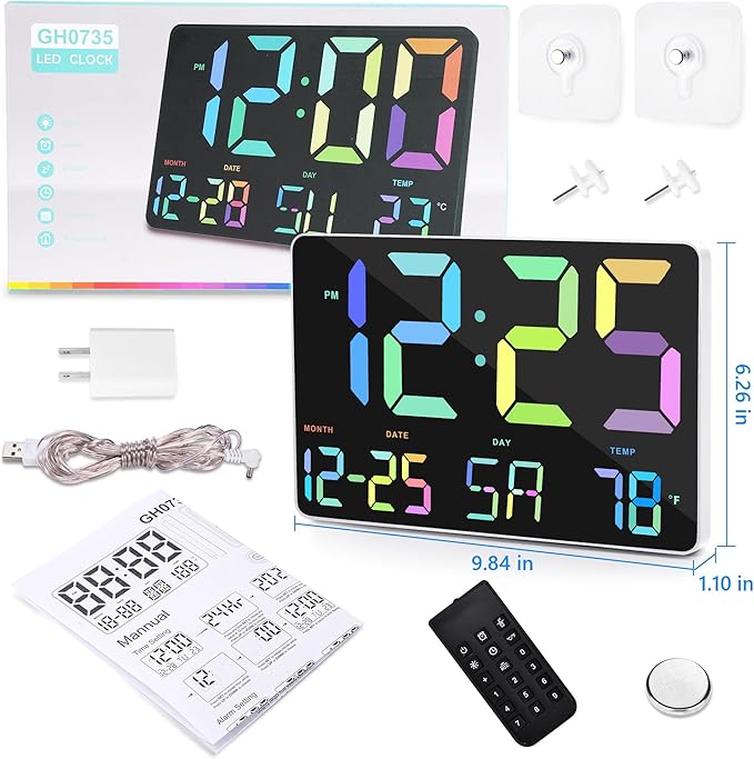 Amgico RGB Digital Alarm Clock with Snooze,Temperature,Auto Dimming,11.5" Large Display Calendar,Desk/Wall Clock for Bedroom,Living Room,Office,Home,Classroom,Kids,Elderly