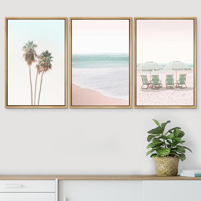 SIGNWIN Framed Canvas Print Wall Art Set Retro Vintage Pastel Tropical Island Beach Nature Wilderness Photography Modern Art Landscape Relax/Calm for Living Room, Bedroom, Office - 16"x24"x3 Natural