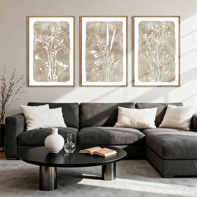 ANHUIB Extra Large Beige Floral Wall Art 24x36 Inch Neutral Floral Wall Decor Vintage Flower Artwork for Living Room Bedroom Office Set of 3