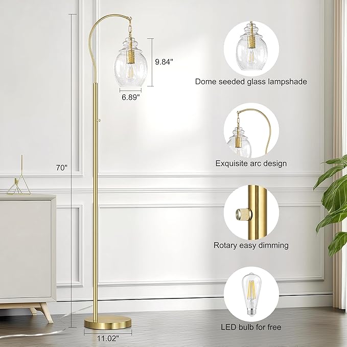 QiMH Gold Floor Lamps for Living Room, Modern Standing Lamp for Bedroom, 70" Tall Lamp for Corner, Arc Floor Lamp with Seeded Glass Lamp Shade, Dimmable Floor Lamp for Reading Office Nursery