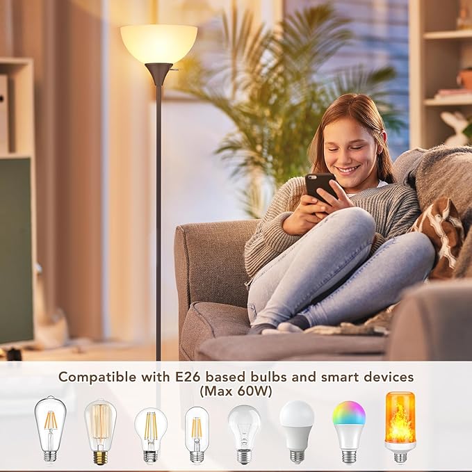 Floor Lamp, LED Standing Lamps with White Plastic Shade, Corner Floor Lights for Living Room Bedroom, Rotary Switch, Bulb not Included, Brown