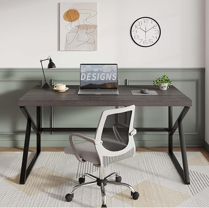 HSH Industrial Home Office Desk, Metal and Wood Computer Desk, Rustic Vintage Soho Work Study Writing Table, Modern PC Desk for Livingroom Bedroom, Farmhouse Computer Table Grey 55 inch Wide