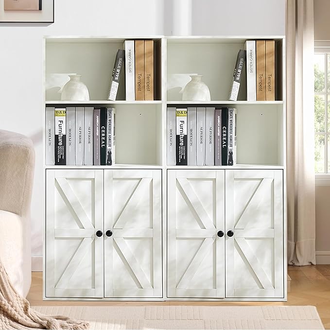 White 4-Tier Bookshelves for Living Room, Farmhouse Tall Bookcase with Doors, Wooden Bookshelf with Storage Cabinet and Shelves for Living Room, Home Office (2PCS)