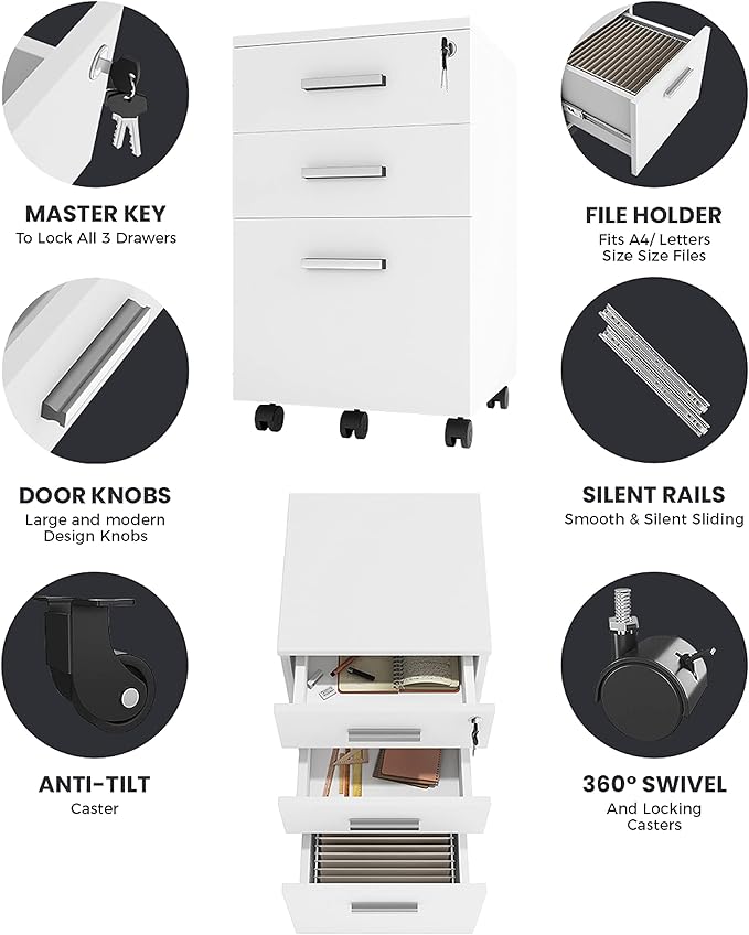 Modern Design Lazio White File Cabinet, Filing Cabinets for Home Office, Drawers for Under Desk, Locking 3 Drawer Rolling Wood File Cabinet with Lock, by Crafts and Comfort