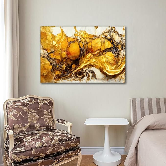 Canvas Wall Art for Home Decor Modern Abstract Artwork Gold and White Poster Prints on Canvas 1 Panel Canvas Art for Men Lady Living Room Bedroom Decor Stretched and Framed Ready to Hang 36x24 in