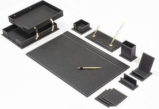 MOOGCO 12-Piece Leather Desk Set — Desk Pad 23.2" x 15.4", Double Document Tray, Pen Holder — Desk Organizer Set for Home Office & Executive Desk Accessories
