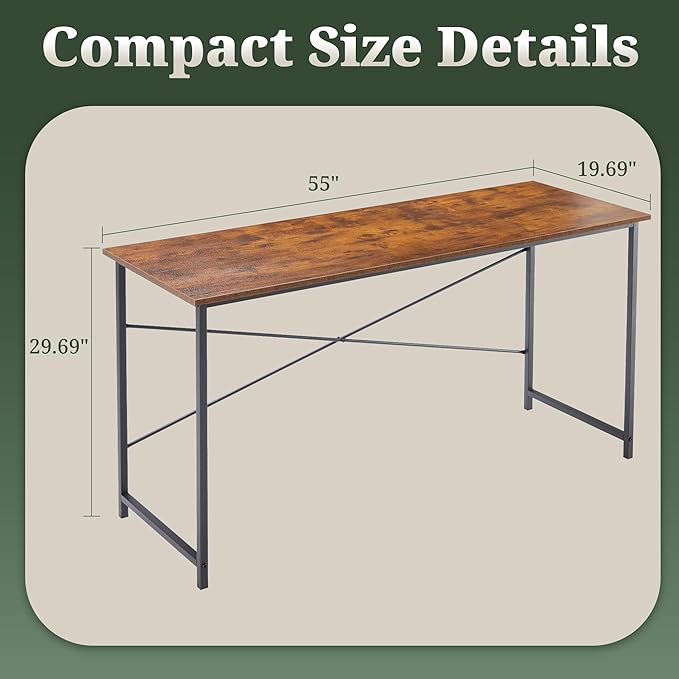 Computer Desk 55 Inch, Simple Home Office Desk Study Writing Table, Sturdy Metal Frame, Scratch-Resistant MDF Desktop for Bedroom Dorm Workspace, Brown