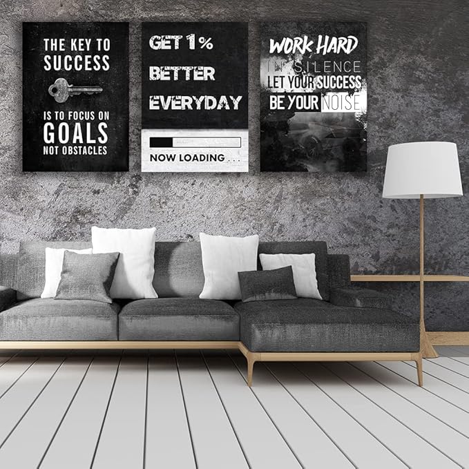 Inspirational Wall Art Canvas Hustle Poster Success Goal Artwork Entrepreneur Quote Painting Motivational Office Wall Decor Art for Bedroom Living Room Home Decoration Framed 20inch x28inch x3pieces
