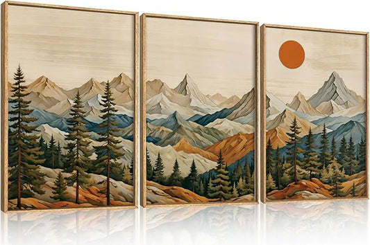 Ausril Boho Woodcut Mountain Framed Canvas Wall Art Set, Woodcut Pine Tree Wall Decor, Brown Wooden Forest Wall Painting, Vintage Mountain Sunrise Art Print for Living Room, Bedroom, Office 16"X24"X3