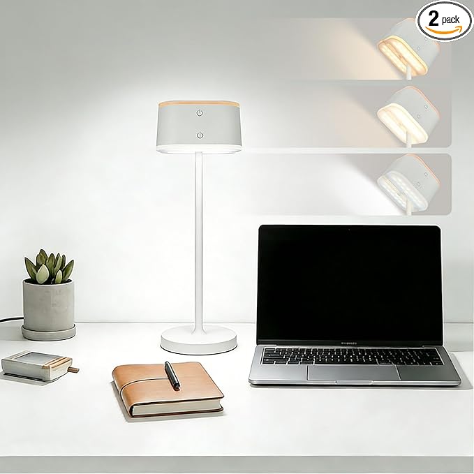2 Pack Cordless Table Lamps, Rechargeable Touch Lamps for Nightstand & Dining Table, 3 Color Temps 3000K-6500K, Dimmable, Dual-Tone Design, USB-C Portable Bedside Lights, Set of 2, White