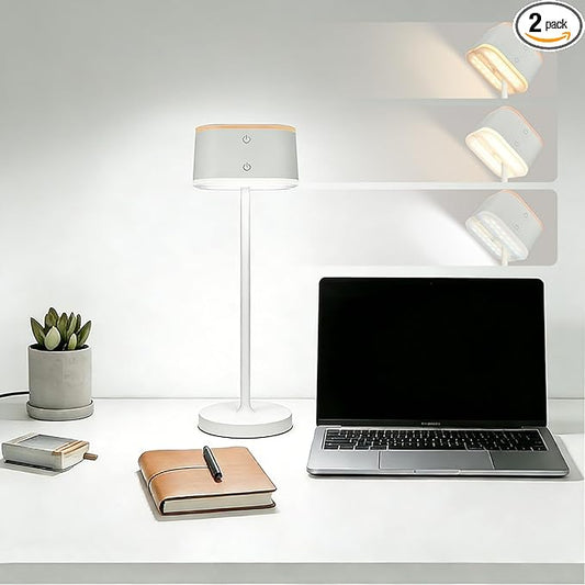 2 Pack Cordless Table Lamps, Rechargeable Touch Lamps for Nightstand & Dining Table, 3 Color Temps 3000K-6500K, Dimmable, Dual-Tone Design, USB-C Portable Bedside Lights, Set of 2, White