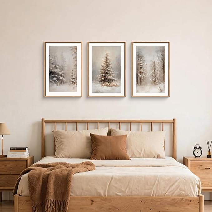 Retro Pine Tree Woodland Landscape Framed Canvas Wall Art Set,Modern Rustic Forest Scenery Wall Decor,Textured Natural Misty Botanical Artwork for Living Room, Bedroom,Farmhouse- 16"x24"x3
