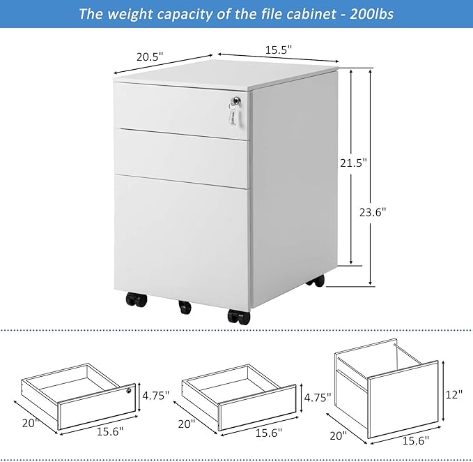 ModernLuxe 3 Drawer Metal Mobile File Cabinet with Lock Metal Filing Cabinet for Legal/Letter/A4/F4 Size Fully Assembled Home Office File Cabinet(Except Casters)