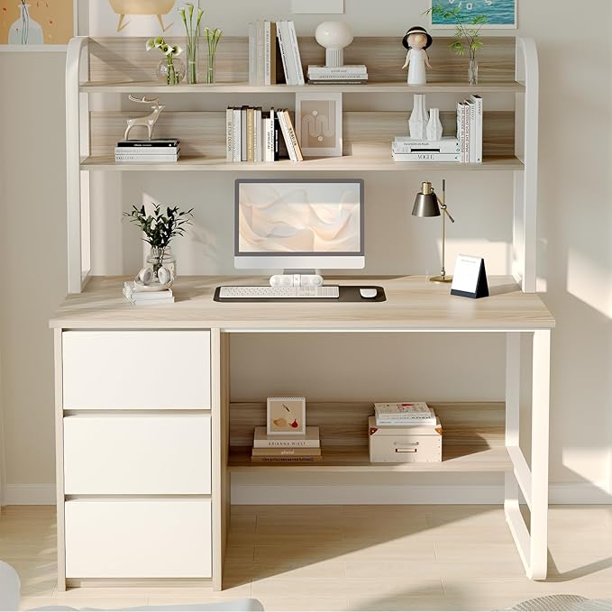 Computer Desk with Hutch, 47 Inch Small Desk with 3 Drawers for Bedroom, Study Writing Desk with Shelves for Small Spaces, Adjustable Feet, Walnut