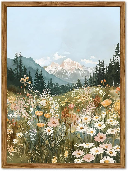 Framed Boho Landscape Wall Art, Colorful Floral Mountain Pictures Wall Decor, Vintage Wildflower Nature Paintings Canvas Prints Rustic Home Decor for Living Room Bedroom Office 12x16 inch
