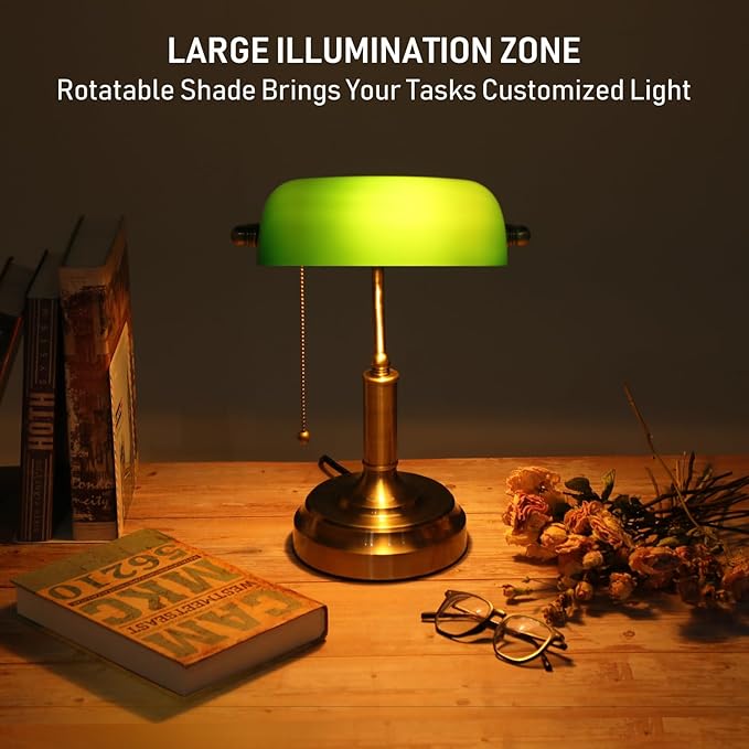TORCHSTAR Green Glass Bankers Desk Lamp, Antique Desk Lamps with Brass Base, Traditional Library Lamp with Pull Chain, E26 Base, Vintage Desk Lamp for Office, Study Room