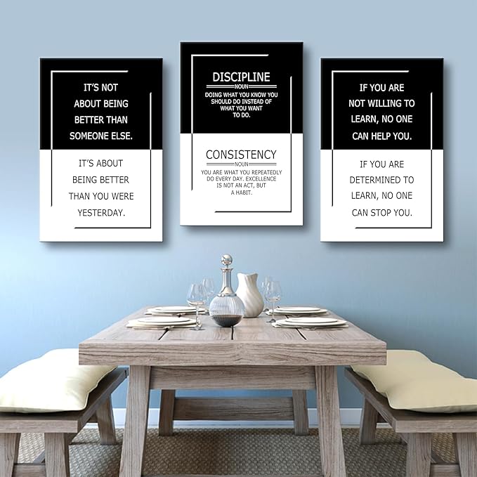Inspirational Wall Art 3 Piece Black and White Success Quote Office Decor Motivational Poster Canvas Prints Artwork for Living Room Modern Home Painting Pictures Stretched and Framed[48''Wx 24''H]