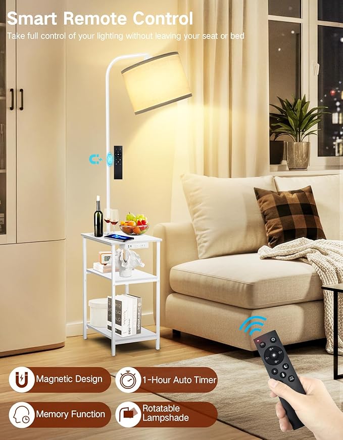 Floor Lamp with Table & Remote, Side End Table with Charging Station, Dimmable Nightstand with 3 Color Temperatures, 1-Hour Timer, 12W LED Bulb, for Living Room, Bedroom(White)