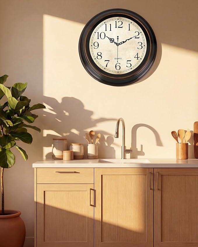 Vintage Wall Clock 16 Inch Quartz Silent Non-Ticking Analog Clock Battery Operated Rustic Round Decorative Clock for Living Room Kitchen Home Office Classroom