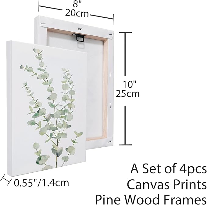 Erctoo Botanical Plant Canvas Wall Art, Framed Boho Wall Decor for Bathroom, Minimalist Aesthetic Bedroom Wall Art, Sage Green Eucalyptus Leaf Prints for Office, Set of 4PCS, 8”X10”