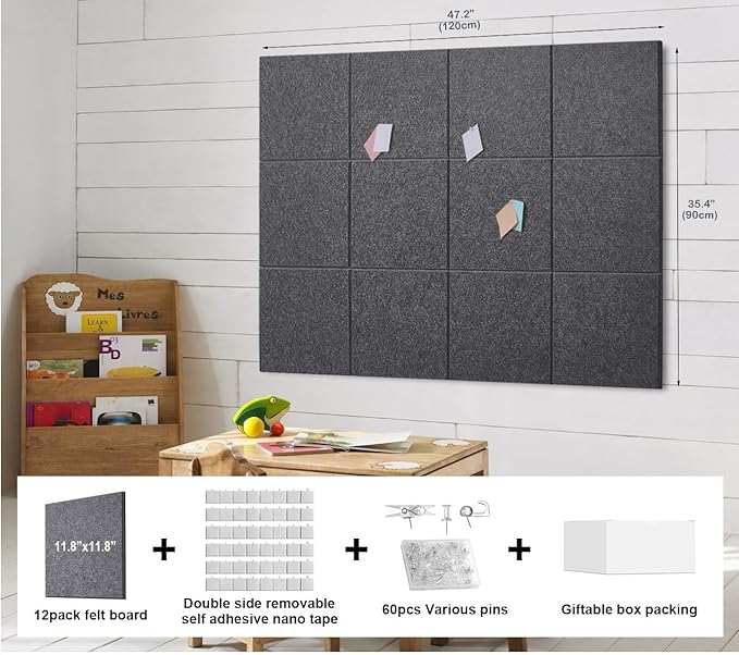 Felt Wall Tiles Bulletin Board Large Cork Board Alternative 12 Pack 11.81”x11.81”x0.47” Felt Pin Board Tack Board with Safe Removable Adhesive Tabs for Home Office School 48x36(Charcoal Grey)