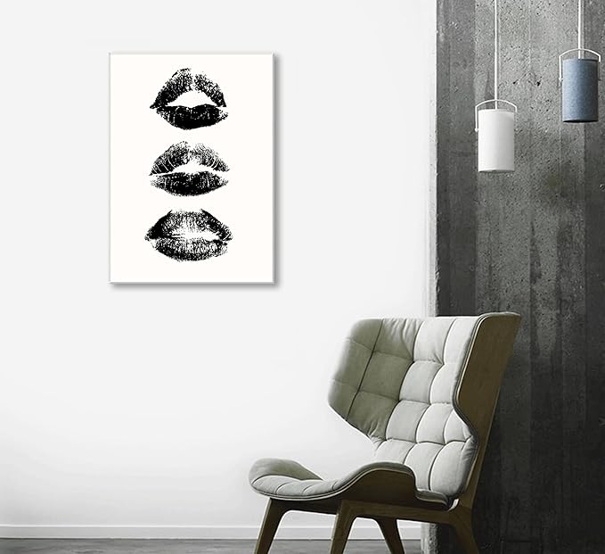 Vintage Black and White Kiss Lips Wall Art Girly Kiss Lips Prints Woman Makeup Room Posters Trendy Print Poster Funky Make Up Pictures Makeup Preppy Girly Dorm Room Canvas Decor Preppy Wall Decor