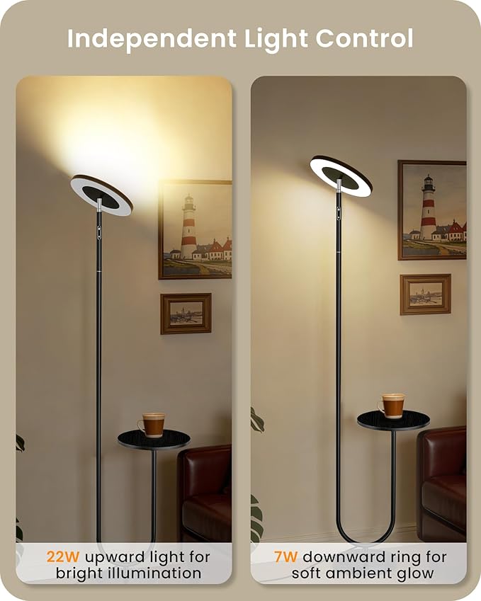 Floor Lamp with Table, Dimmable Standing Light with 3 Temperatures & Remote Control, LED Up and Down Lighting with Tray, Modern Reading Torchiere Corner Lamp for Bedroom Office Black,B24LD05