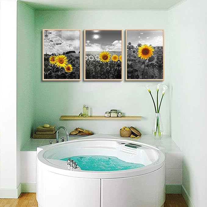 hyidecorart Natural Framed Wall Art - Large Sunflower Flowers Black And White Wall Pictures - Set of 3 Piece Prints - For Living Room, Kitchen, Bedroom