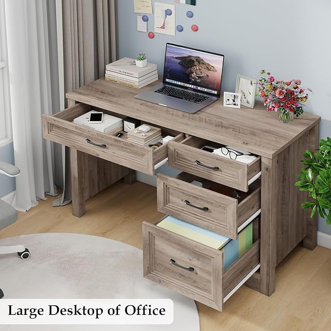 Farmhouse Executive Desk with Drawers, Wood Computer Desk with Ample File Drawer, Rustic Home Office Desk with Storage for Bedroom, Living Room, Grey