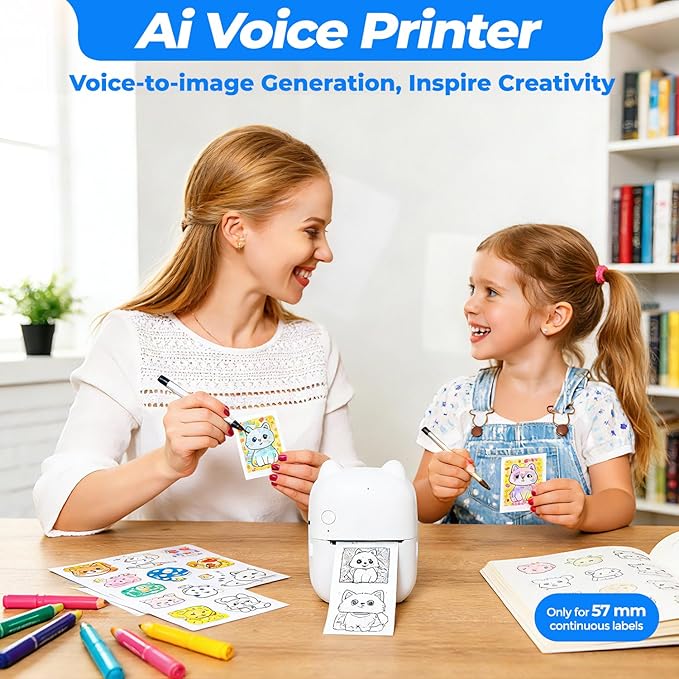 AI Voice Sticker Maker, Mini Bluetooth Thermal Printer for Journaling&Office&Study, Inkless Portable Sticker Printer, Smart Voice-to-Image Generation Printer for Scrapbooking&DIY, iphone & Android