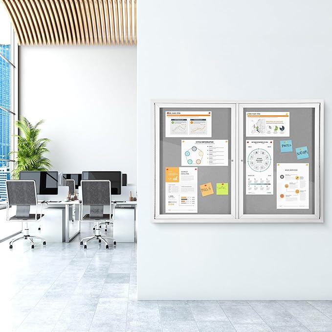 Outdoor Bulletin Board Weatherproof 48x34 in,Enclosed Bulletin Board with Locking Door, Wall Display Case for Office School Home Commercial, Silver Aluminum Frame, Gery Felt