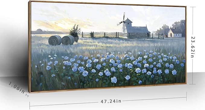 amatop Farmhouse Wall Art, Large Framed Canvas Print - Rustic Vintage Country Landscape with Blue Floral Sunset, Nature Artwork Picture for Dining Room, Living Room, Bedroom and Kitchen Decor (48x24 Inch)