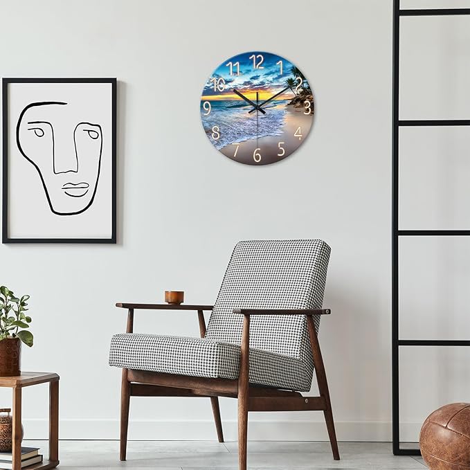 Glass Beach Wall Clocks Battery Operated 16 Inches or Larger Analog Wall Clock Silent Non Ticking Blue Wall Clock for Living Room
