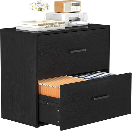 Lateral File Cabinet, Wood 2 Drawer File Cabinet with Hanging Bars for Letters, Black Horizontal File Cabinets for Home Office, Black
