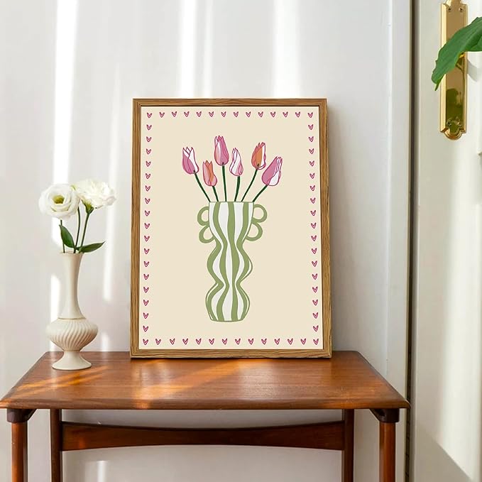 Framed Boho Floral Canvas Wall Art Set of 3, Pink Tulip Flower Paintings Wall Decor, Abstract Botanical Pictures Prints Minimalist Home Decor Aesthetic for Living Room Bedroom Office 12×16 inch