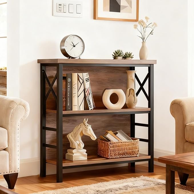 Book Shelf, Small 3-Tier Industrial Bookshelf with Strong Metal Frame & Backboard, 29.5" Short Bookcase for Small Spaces, Living Room, Bedroom and Home Office, Brown