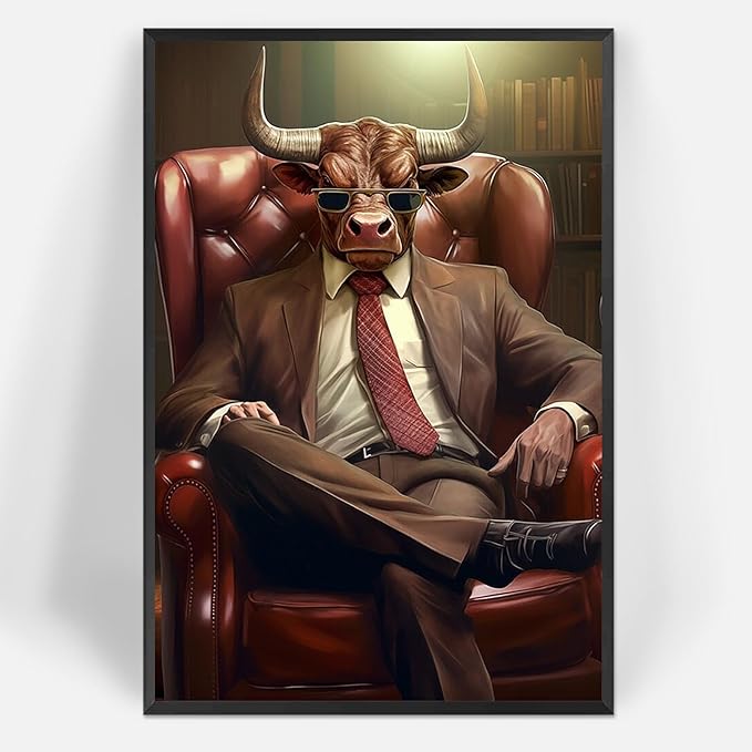 Trendy Suit Animal Cow Portrait Wall Art Funny Boss Cow Canvas Posters Work Struggle Motivation Inspiring Prints Painting For Office Living Room Wall Decor 12x16in Framed