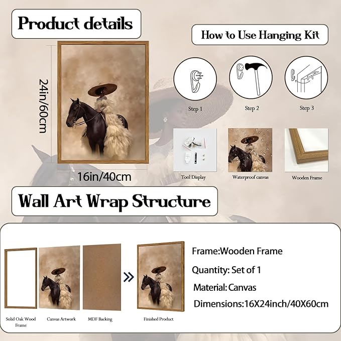 Framed Western Cowgirl Wall Art, Fashion Black Girl Riding Horse Canvas Wall Decor Painting, Black Woman African American Bride Pictures Prints Aesthetic Home Decor for Living Room Bedroom 16x24 inch