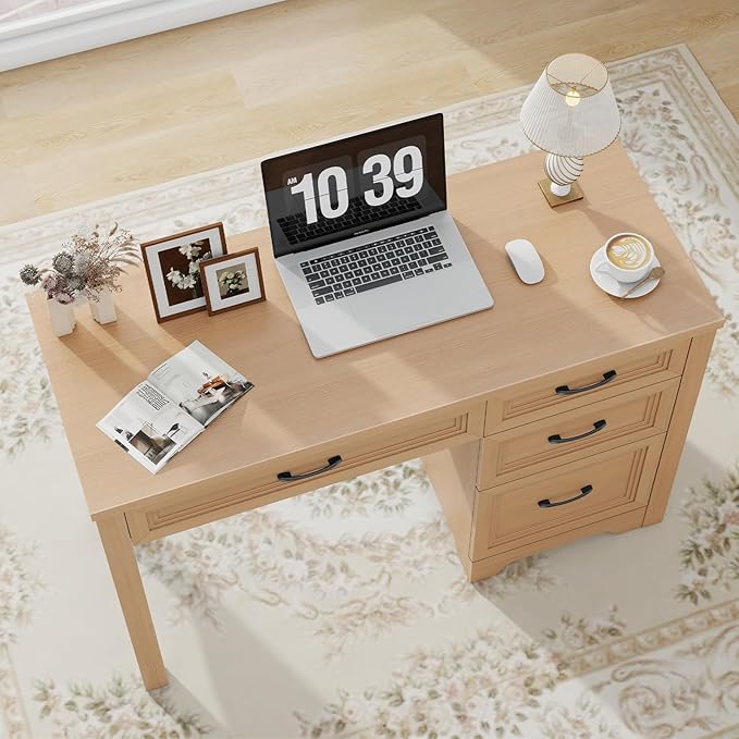 Farmhouse Executive Desk with Drawers, Wood Computer Desk with Ample File Drawer, Rustic Home Office Desk with Storage for Bedroom, Living Room, Natural