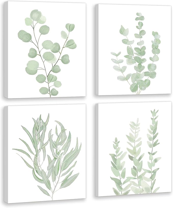 FRAMED Botanical Plant Canvas Wall Art,Boho Plant Wall Decor for Bedroom,Minimalist Floral Prints for Living Room,Light Green Botanical Art Painting for Office,Set of 4,8”x 10”