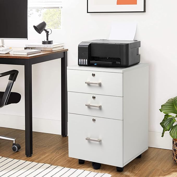 Bonnlo 26" H 3 Drawer File Cabinet with Lock, Rolling File Cabinet Under Desk, Mobile File Cabinets for Home Office, Wood White File Cabinet Printer Stand for Letter Size Hanging/Manila File Folders